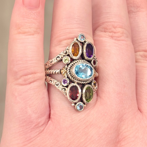 Sterling 18K Large Gemstone Ring, Bali Style Filigree Size 8.5 Rainbow Multigem - Picture 7 of 17